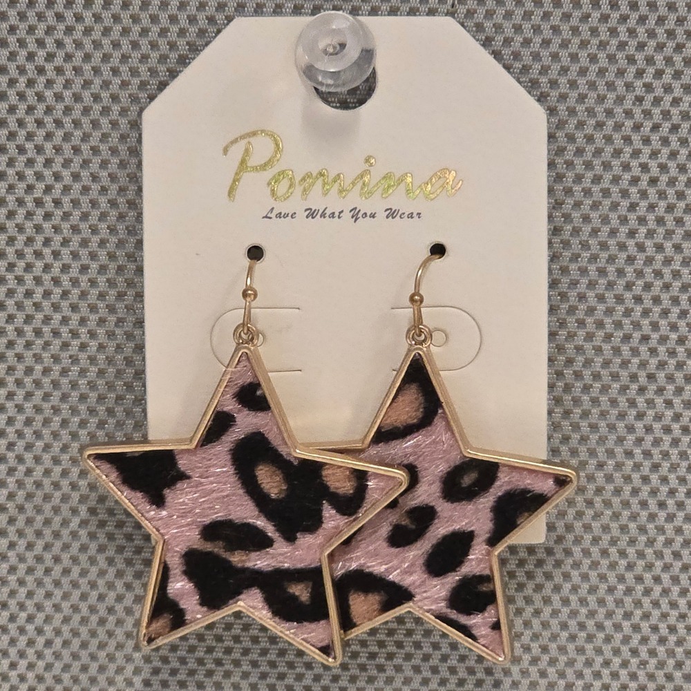 Pomina Pink Leopard Print Star Dangle Earrings Gold Tone QSE9295